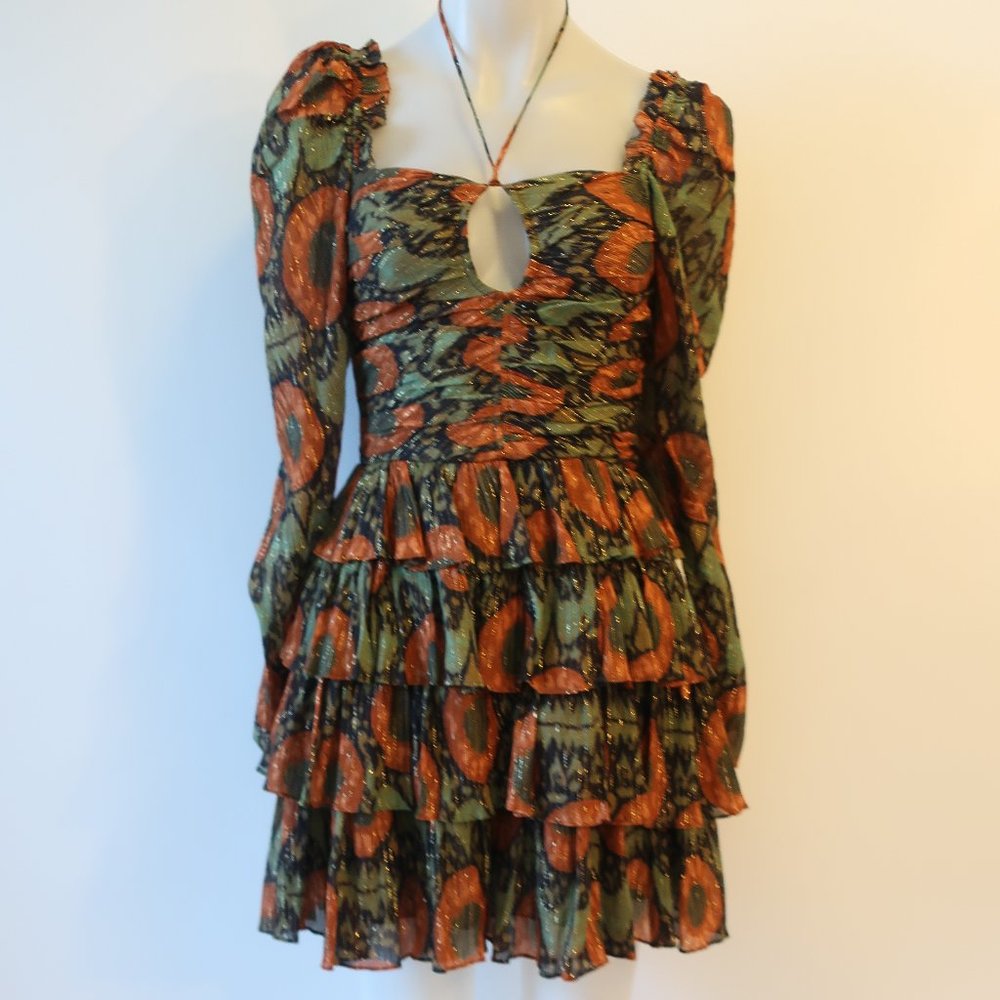 Womens Ulla Johnson Naiya Nocturne Black Green Gold Metallic Halter Dress 0 - Picture 2 of 16